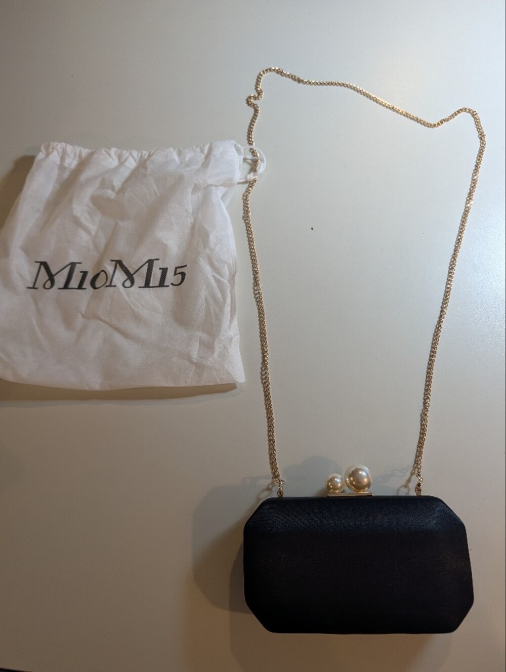 M10m15 Black Satin Pearl-Accent Evening Clutch with Chain New